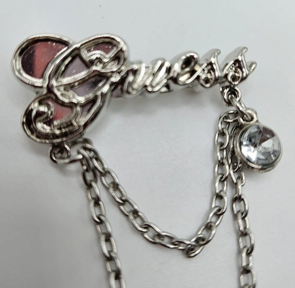 VINTAGE Guess Silver Tone Logo Chain and Rhinestone Detail Brooch Pin